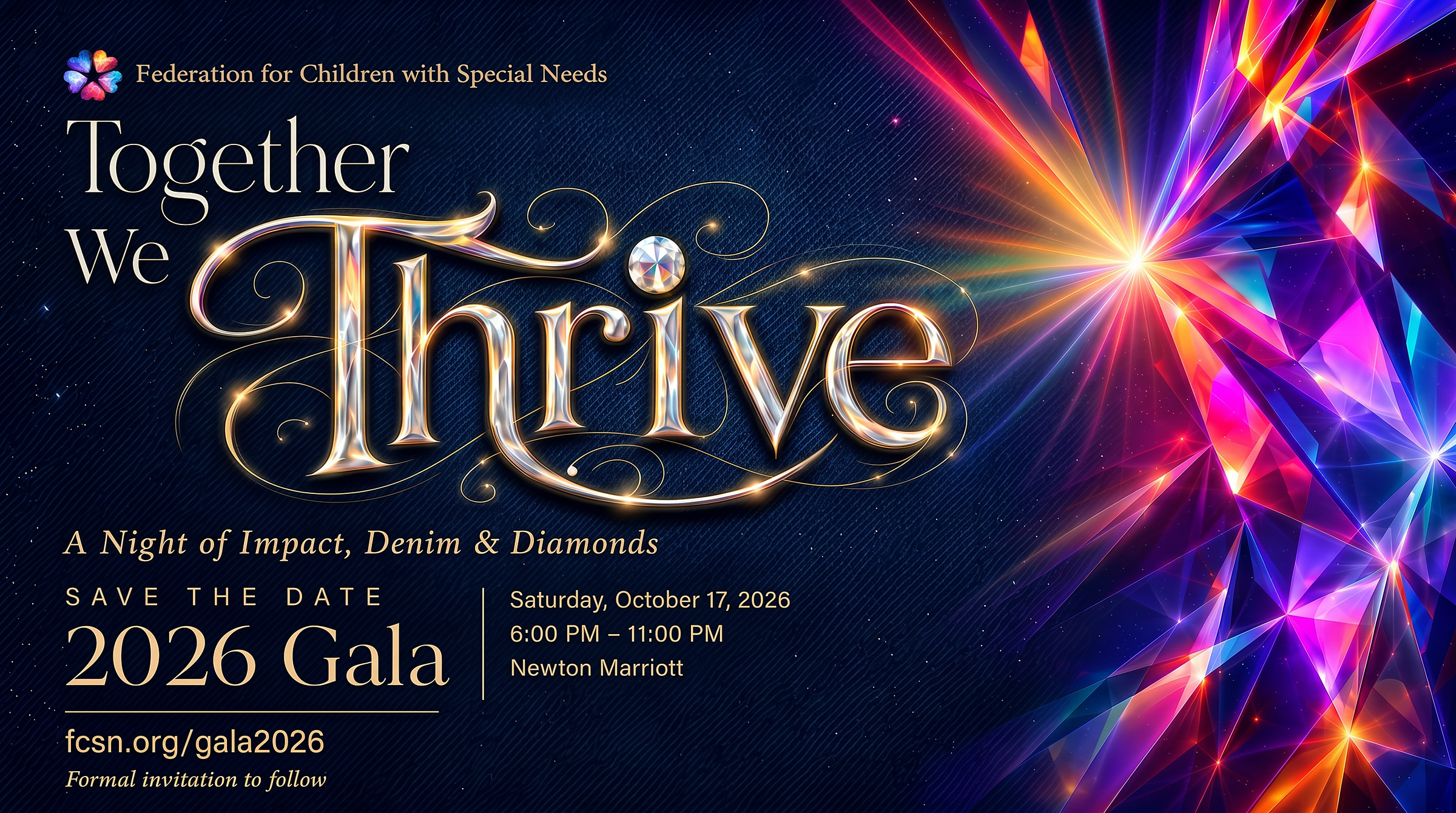 Together We Thrive · A Night of Impact, Denim & Diamonds · Save the Date — 2026 Gala — Saturday, October 17, 2026
